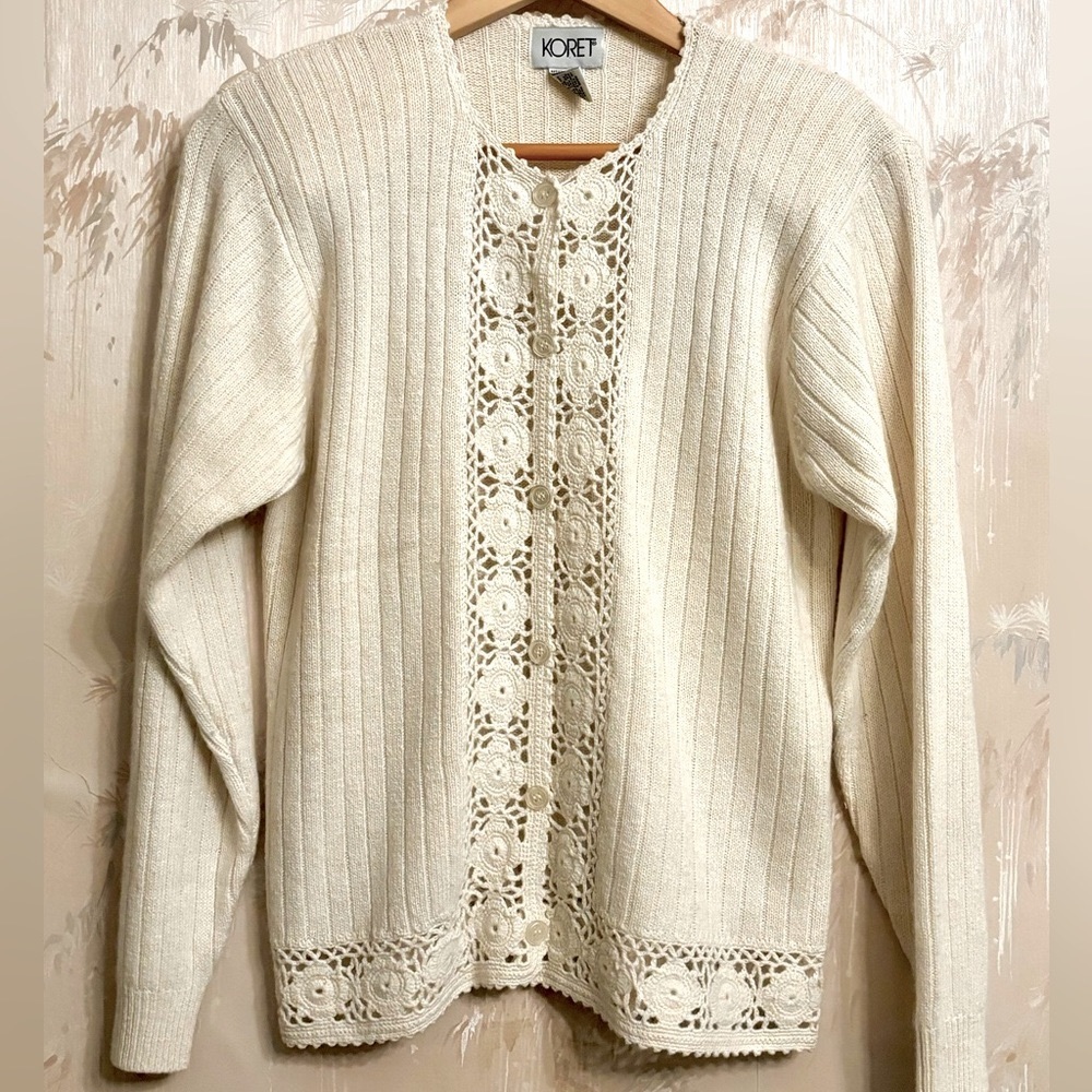 Koret Silk/Angora/Lambswool Cream Button Up Sweater with Crochet Det…